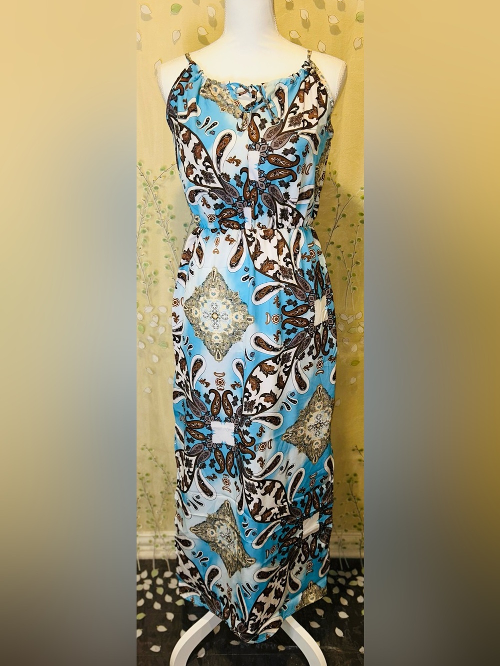 Bohemian Blue Brown Paisley Tile Print Halter Maxi Dress Summer Beach Size Small